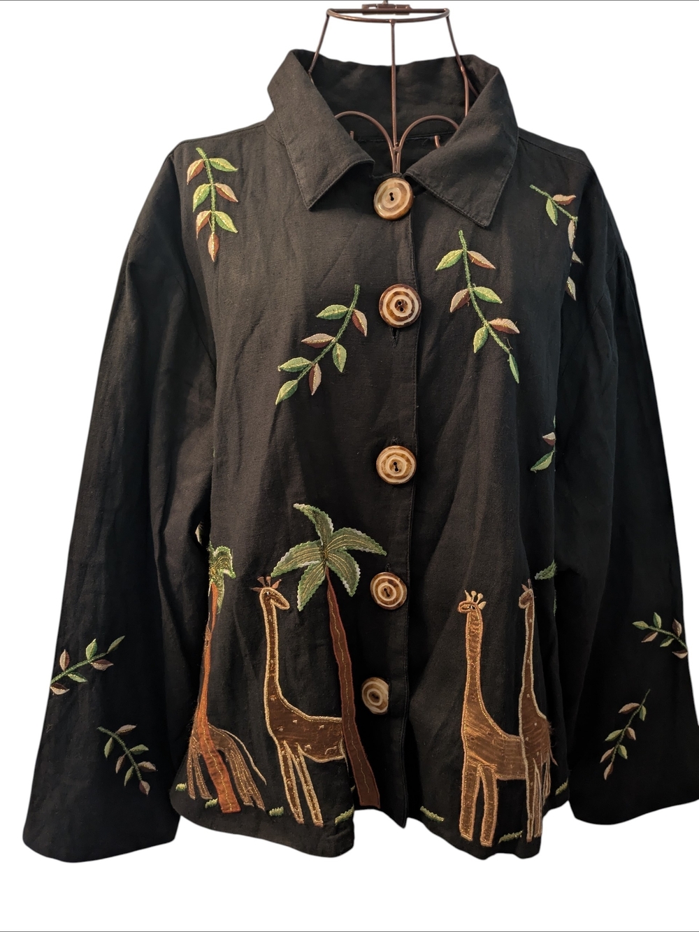 Vintage Black Embroidered Cotton Jacket with Safari Motifs